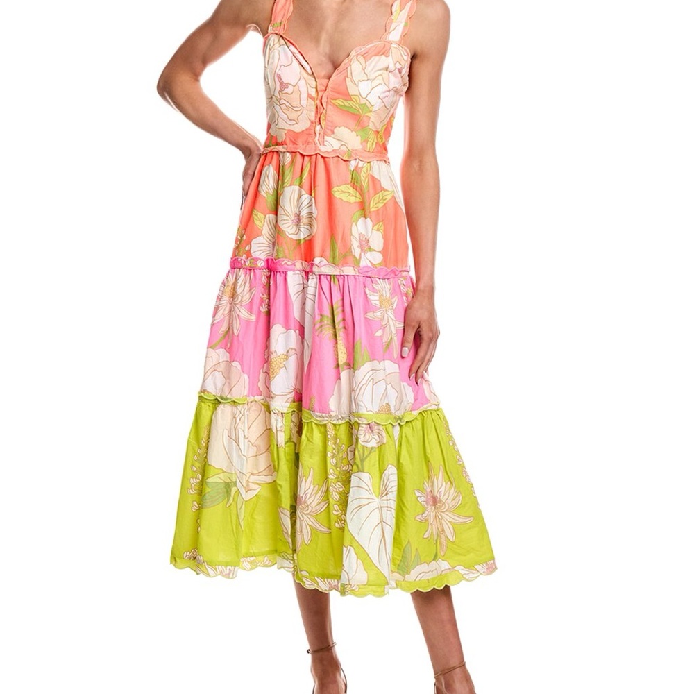 FARM Rio Mixed Neon Garden Tiered Midi Dress NWT
